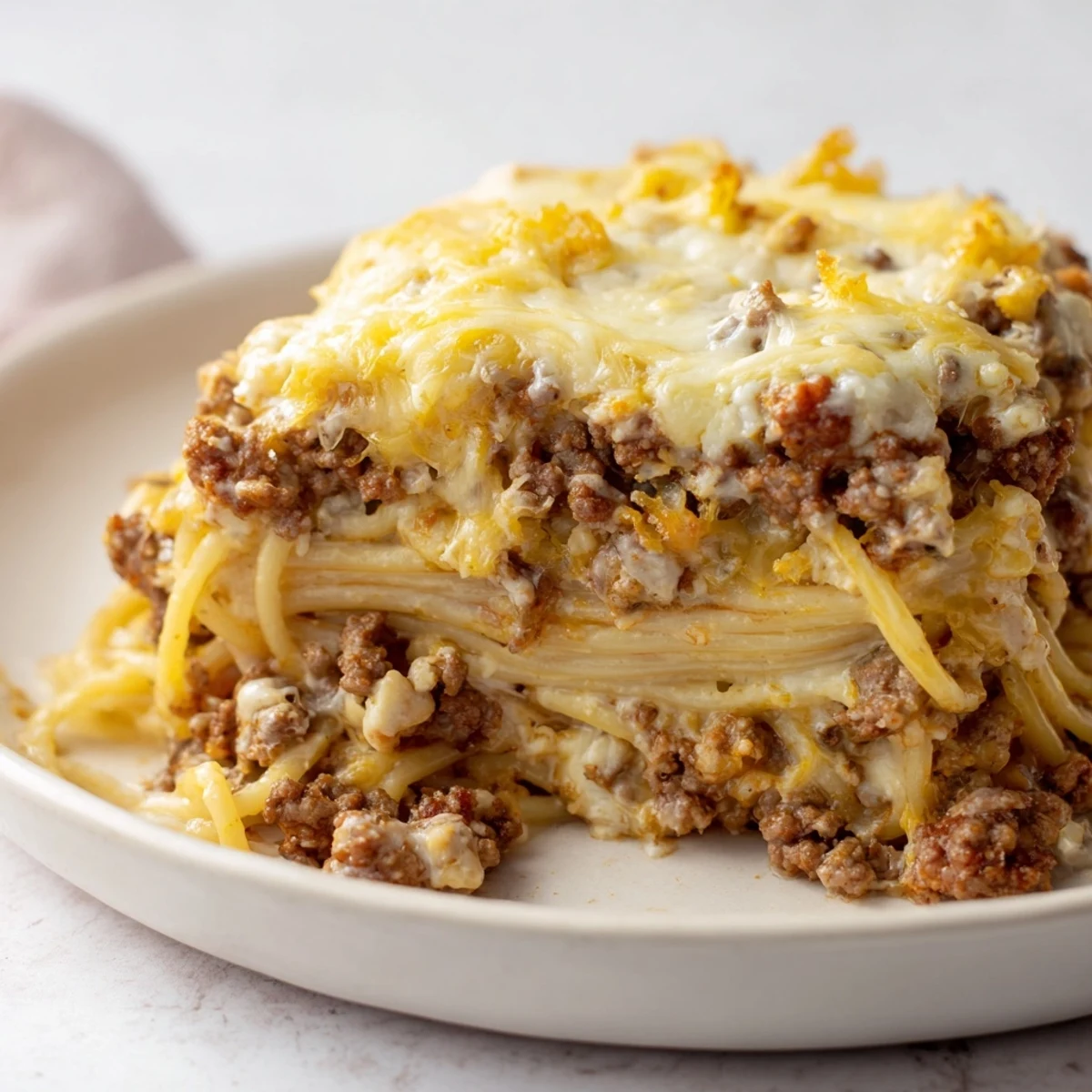 Golden-brown, bubbly Million Dollar Spaghetti, a hearty baked casserole with melted cheese and rich meat.