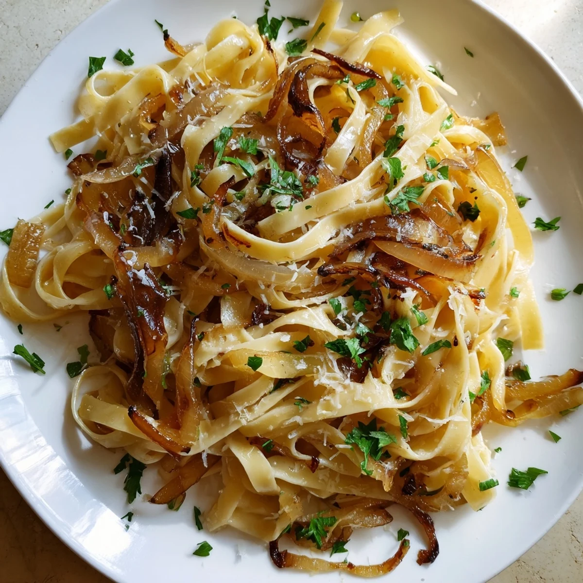 Golden brown One-Pot French Onion Pasta, bubbling with melted cheese and fresh parsley garnish.
