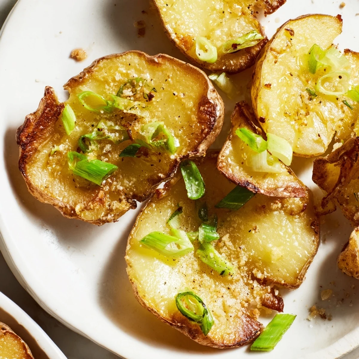 Delicious, crispy smashed green onion potato bombs with a flavorful scallion oil glaze, ready to serve.