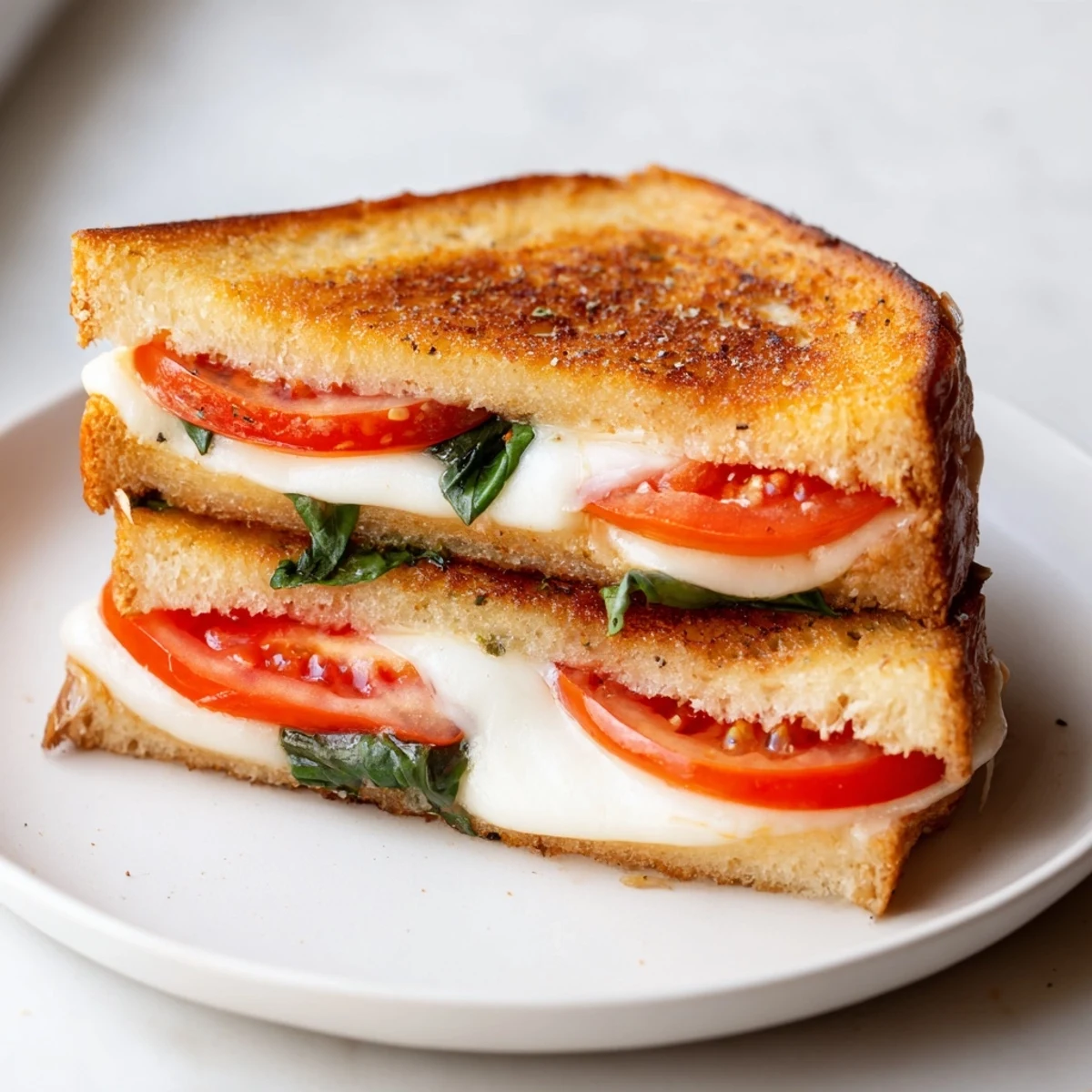 Golden-brown tomato basil grilled cheese sandwich, oozing melted cheese, ready for a delicious bite.