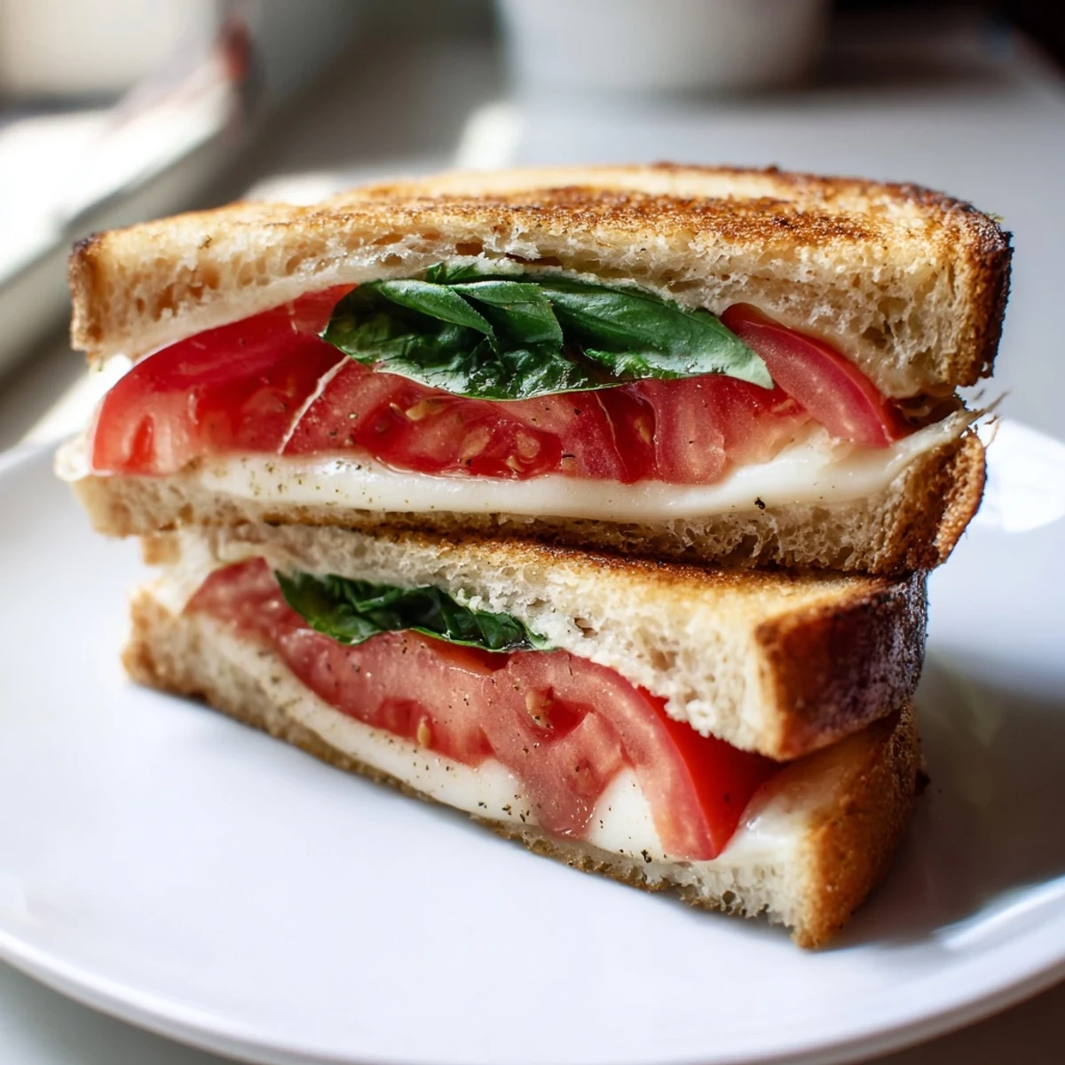 A close-up of a perfectly constructed tomato basil grilled cheese sandwich, with fresh ingredients and perfect grill marks.