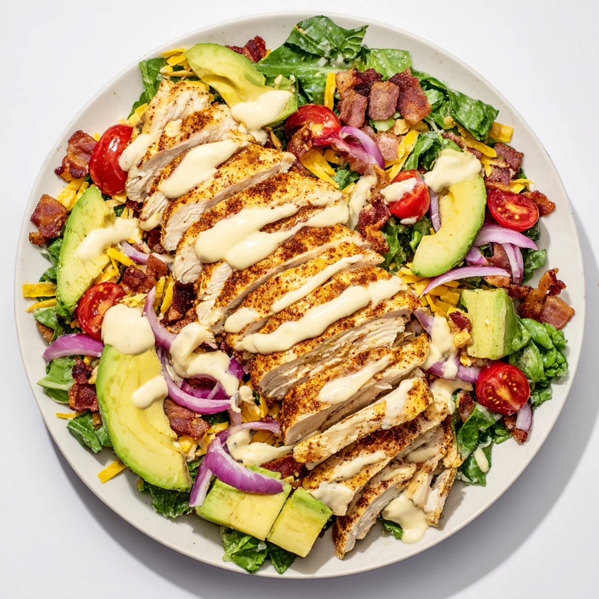 Crispy bacon chicken salad with juicy chicken, crunchy bacon, and fresh greens, ready to eat.