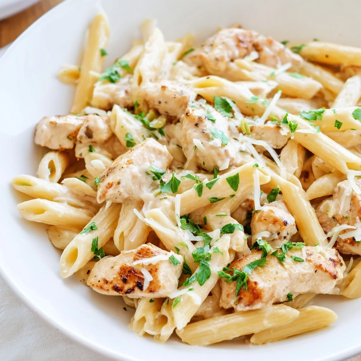 A comforting close-up shows the deliciousness of Quick Garlic Parmesan Chicken Pasta with fresh parsley.