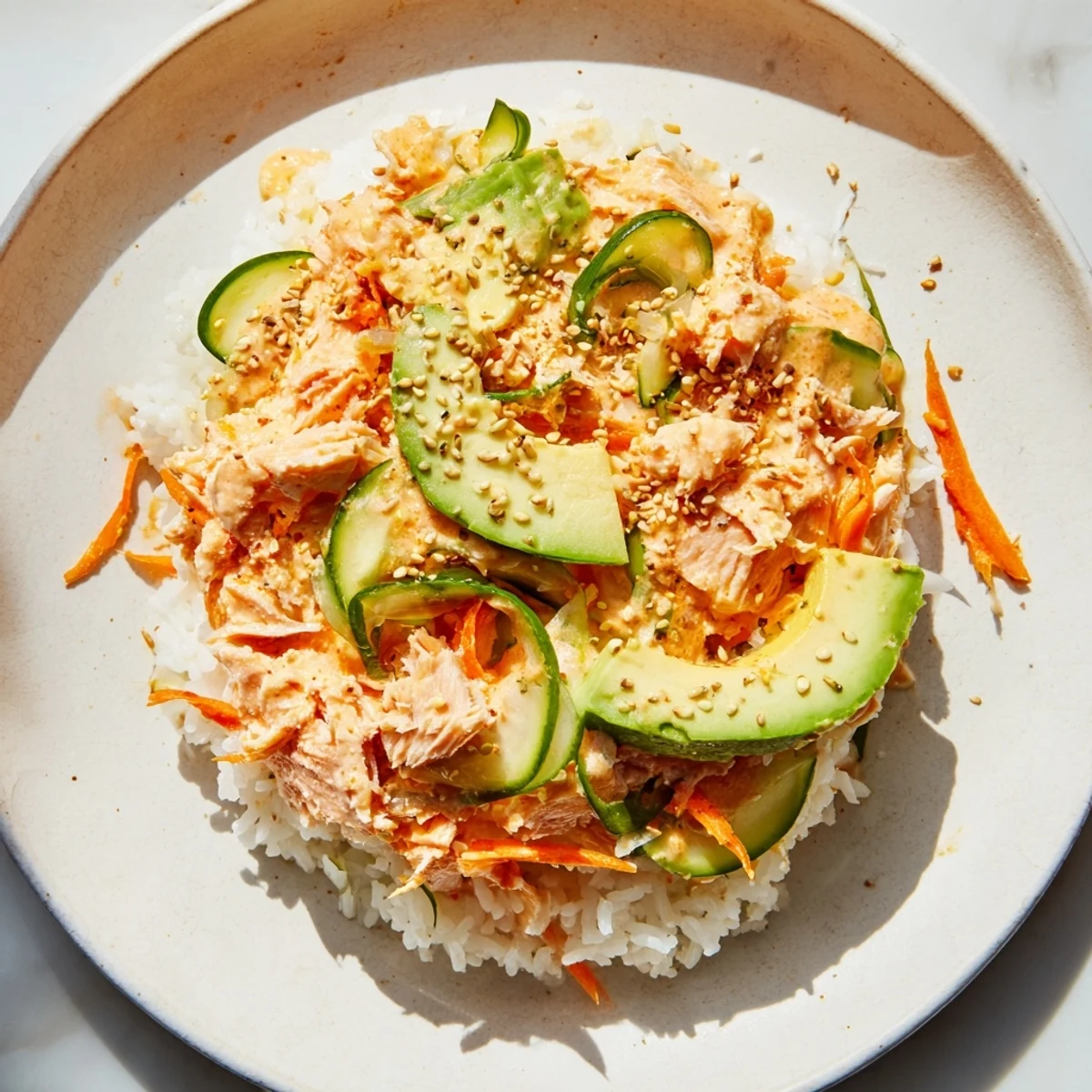 Flaky canned salmon in a Spicy Canned Salmon Rice Bowl sits atop fluffy rice, ready to eat.