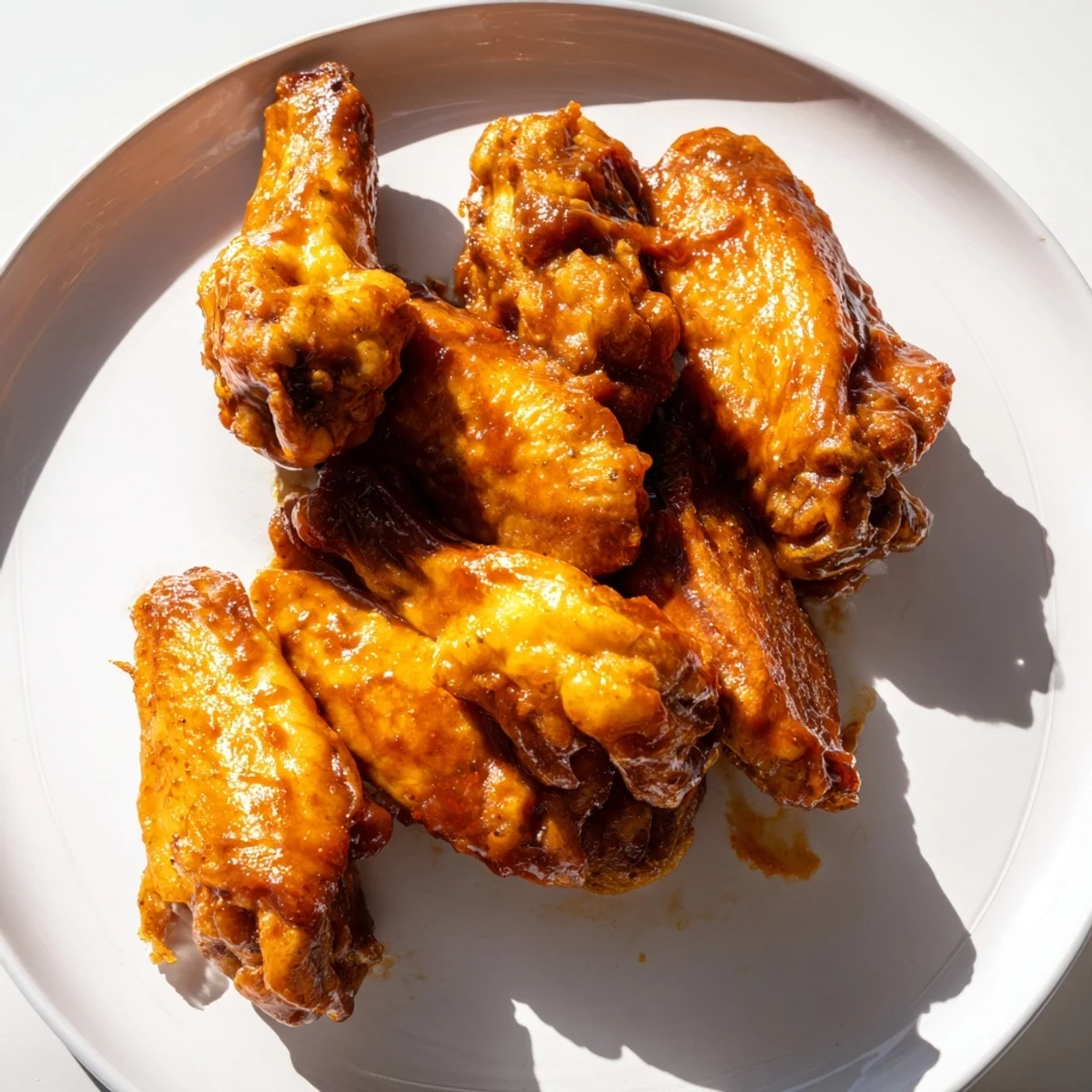 Crispy-skinned baked sticky honey BBQ wings piled high; enjoy this American appetizer with friends.