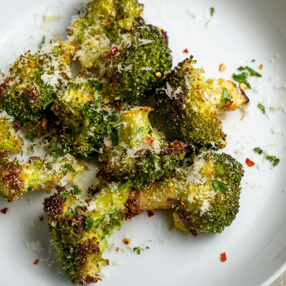 Golden Garlic Parmesan Roasted Broccoli, crispy edges, ready to enjoy with a sprinkle of fresh parsley.