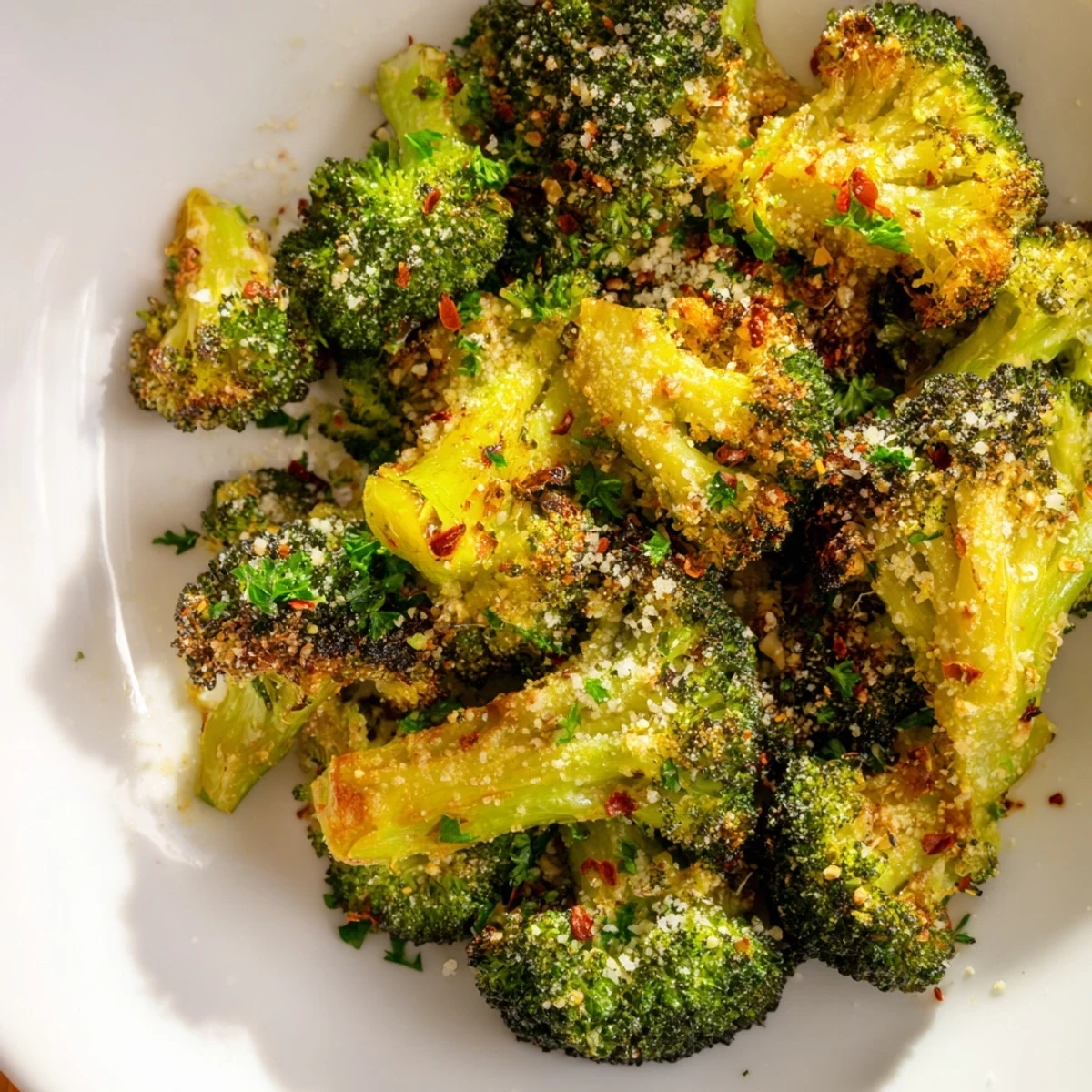 Crispy, golden Garlic Parmesan Roasted Broccoli, a delicious vegetarian side dish everyone will love.