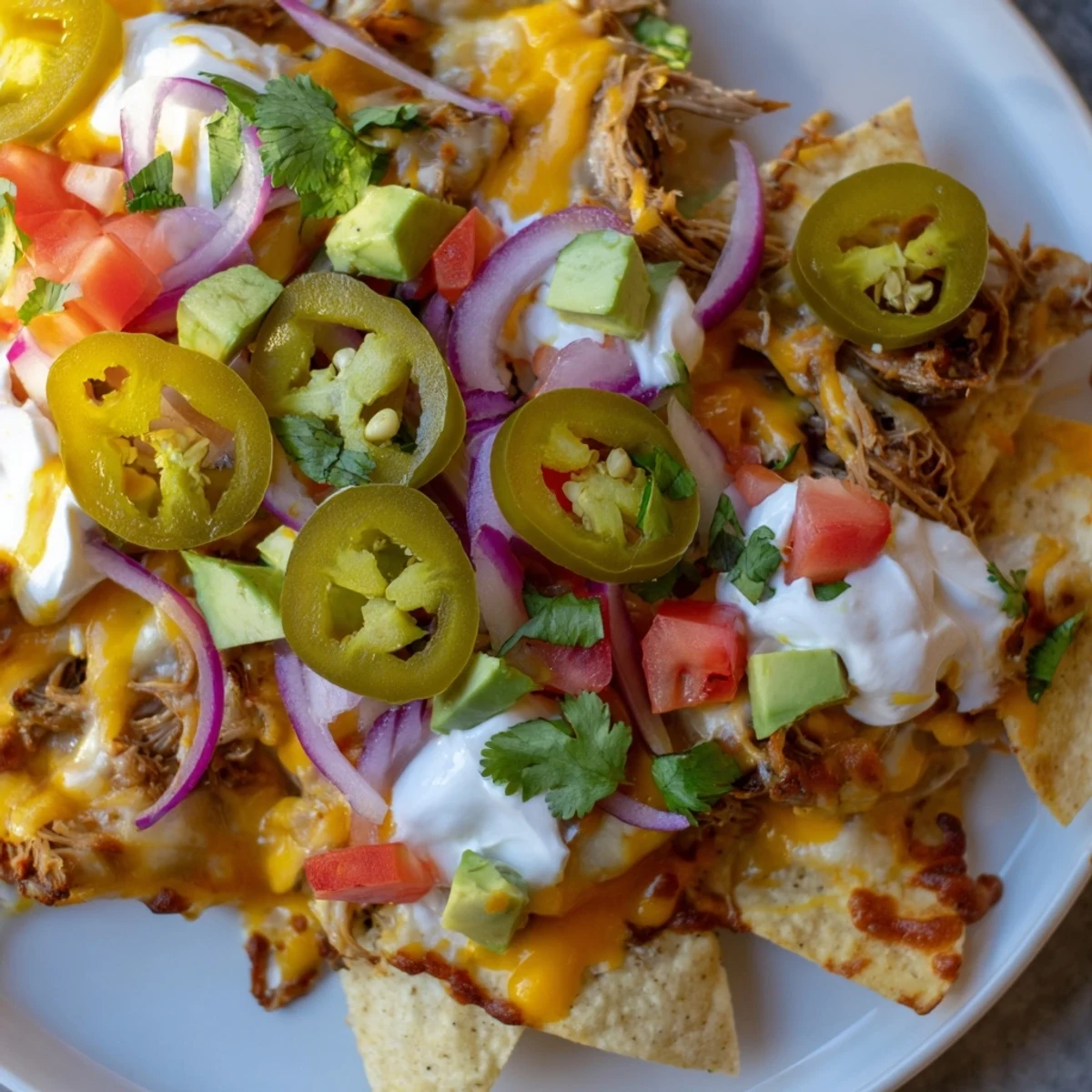 Tex-Mex style loaded nachos with pulled pork, a feast with jalapeños and sour cream, perfect for sharing.