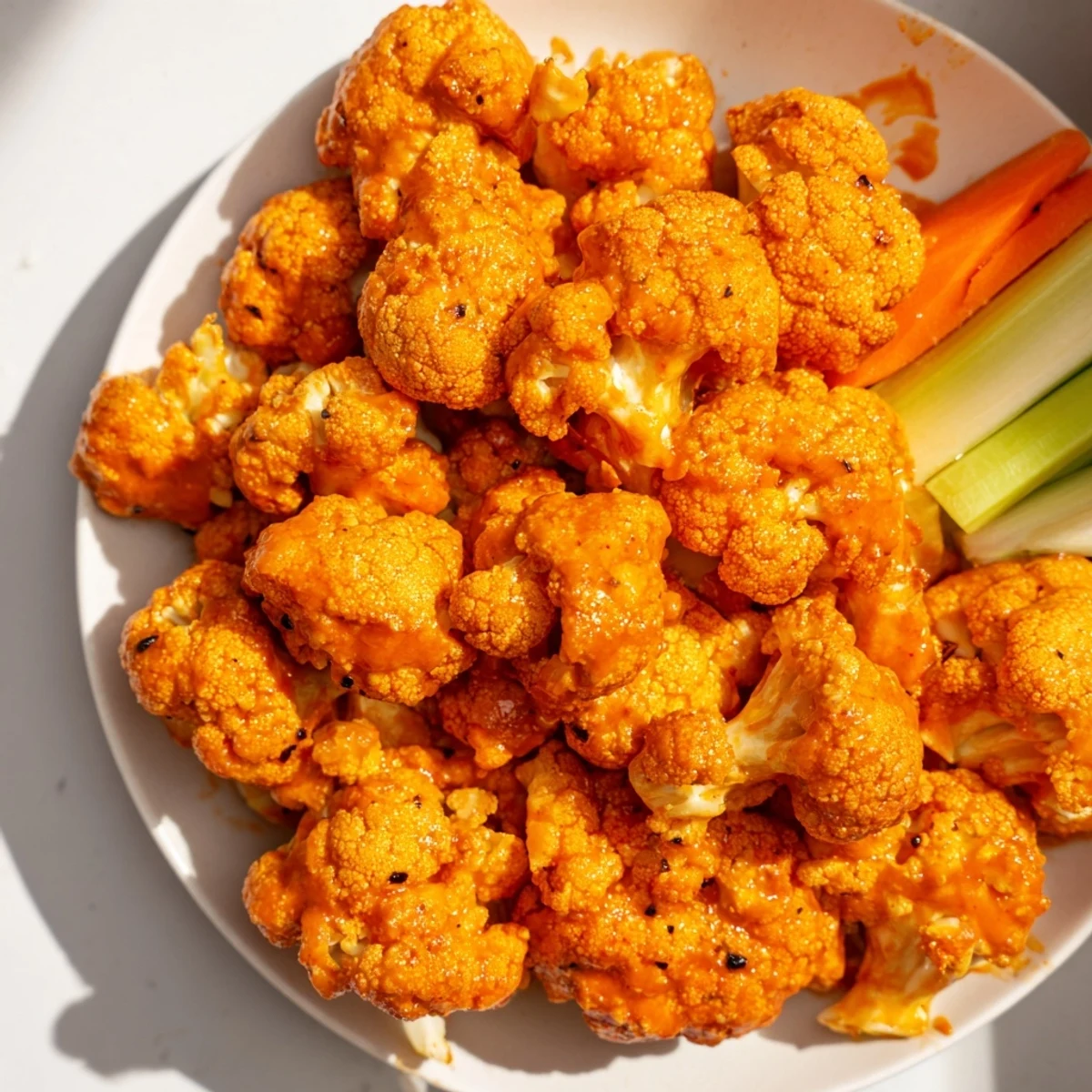 Golden-brown Buffalo Cauliflower Bites ready to eat, served with fresh celery sticks and creamy ranch dip.