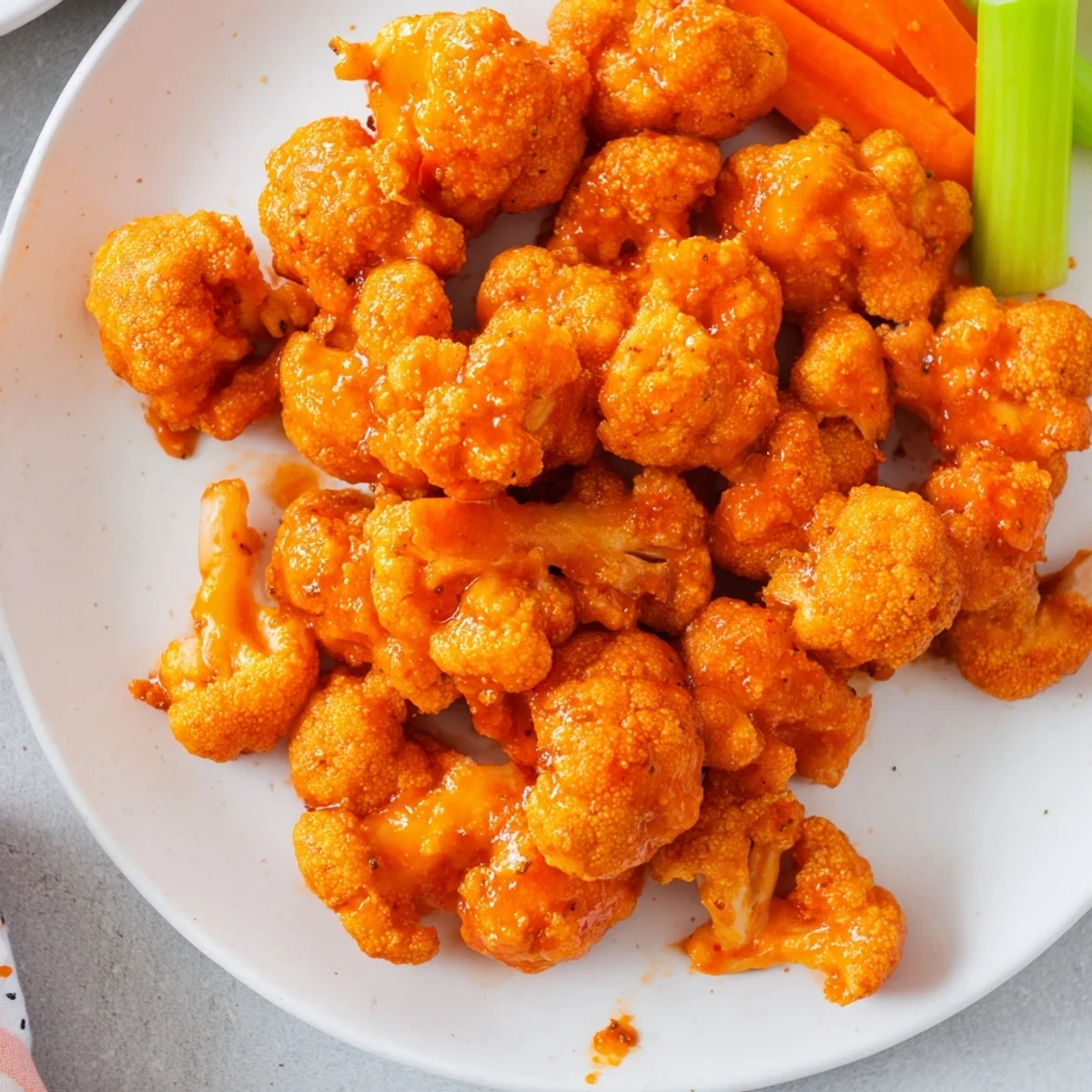 Close-up of crispy, fiery Buffalo Cauliflower Bites, coated in tangy sauce and perfect for snacking.