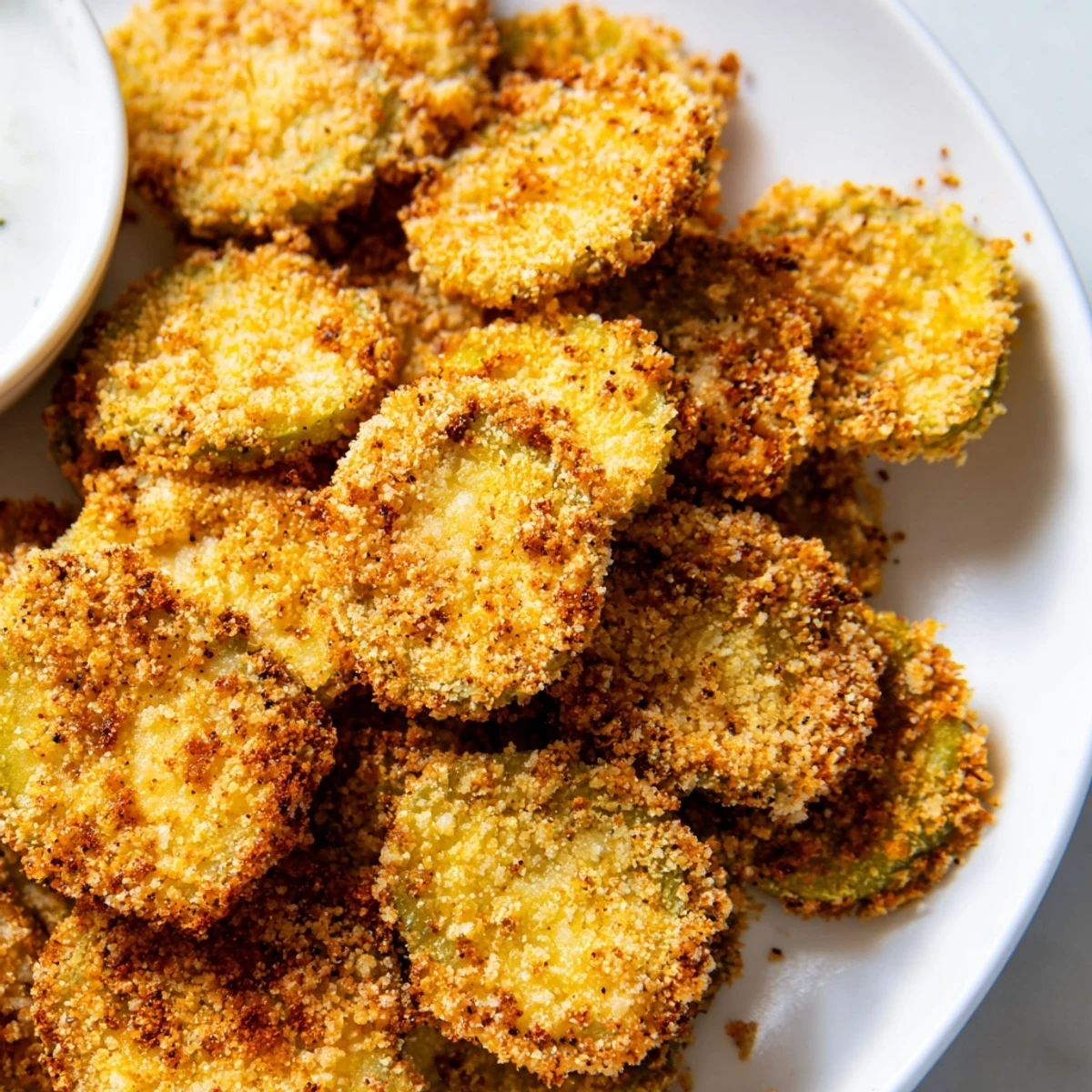 Golden-brown Crispy Fried Pickles, hot from the air fryer, are perfect for dipping in cool ranch.