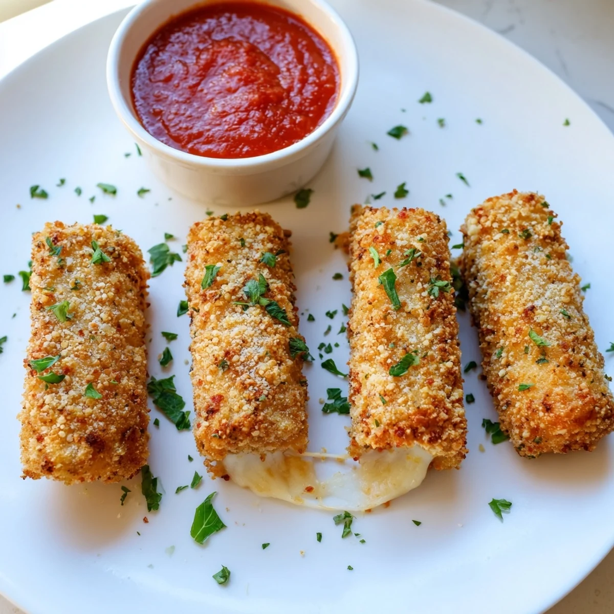Crispy air fryer mozzarella sticks, perfect for dipping in warm marinara sauce, perfect party food.