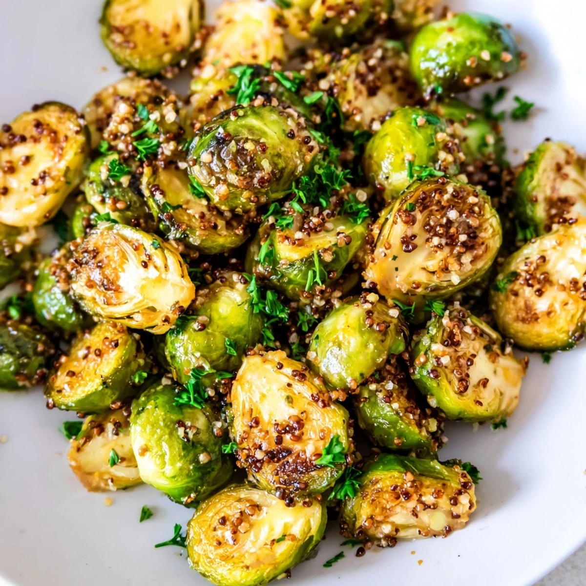 Close-up of caramelized Honey Mustard Glazed Brussels Sprouts, showcasing a flavorful, easy side dish.