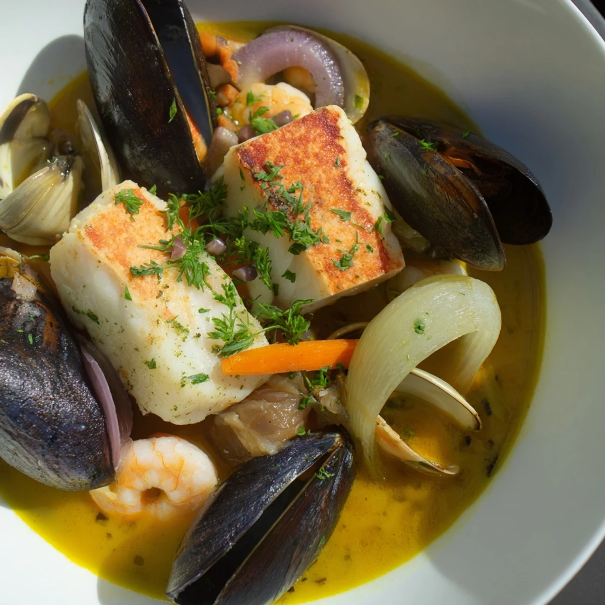 Hearty Bouillabaisse served with toasted bread and rouille, a delicious Provençal seafood meal.