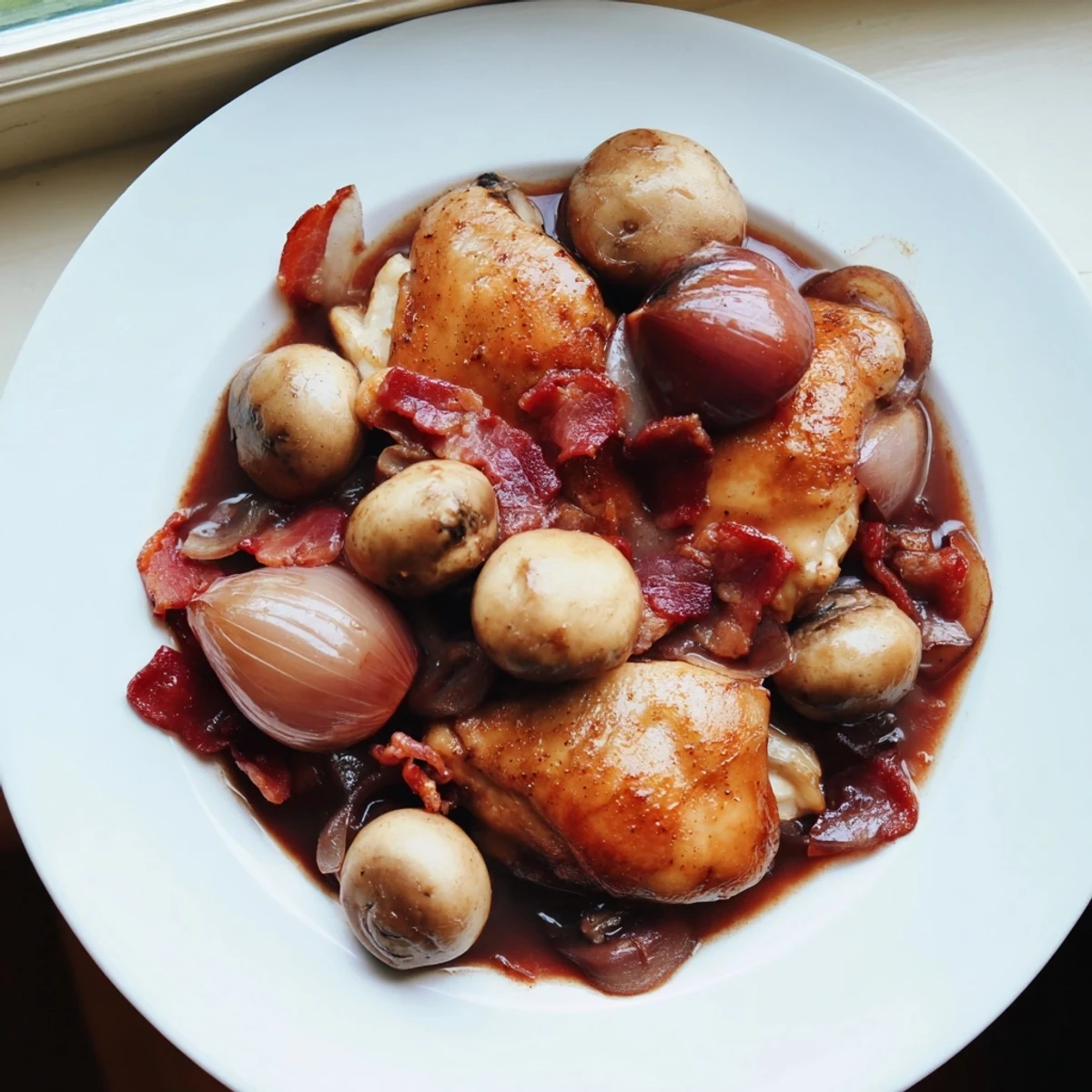 Coq au Vin: A hearty stew with tender chicken, savory bacon, and rich red wine sauce.