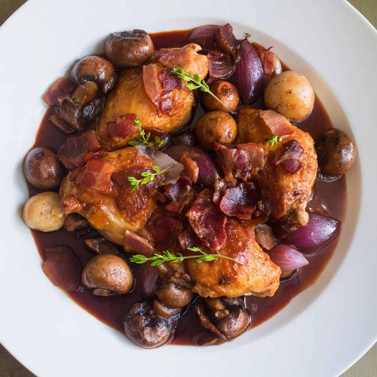 This Coq au Vin recipe showcases succulent chicken braised in a flavorful, red wine reduction.