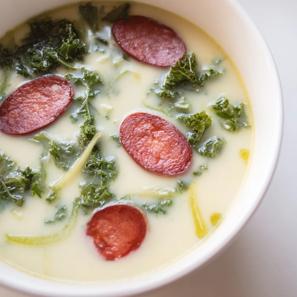Steaming bowl of Portuguese Caldo Verde, a hearty soup with chorizo and kale.