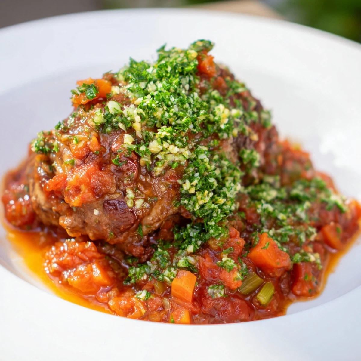 Tender Osso Buco served with vibrant gremolata, imagine the savory aroma and rich flavors.