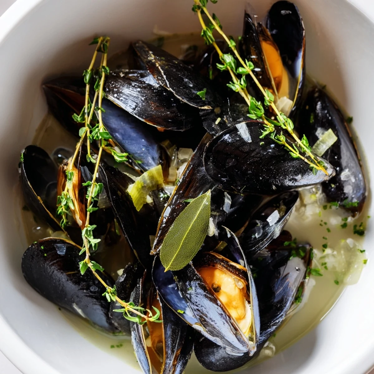 Steaming Belgian Moules Marinière with fresh herbs and wine, perfect for a flavorful seafood dinner.