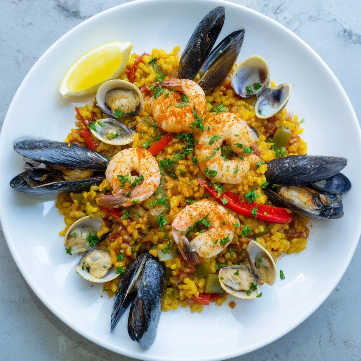 Steaming Spanish Seafood Paella with colorful bell peppers, rice, and fresh seafood, ready to serve.
