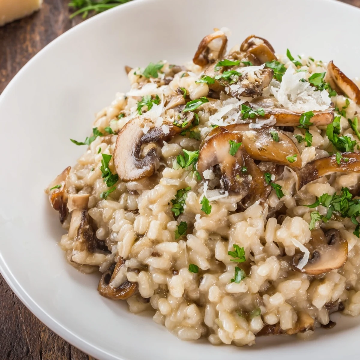 Creamy Italian mushroom risotto topped with fresh parsley, ready for a comforting dinner.