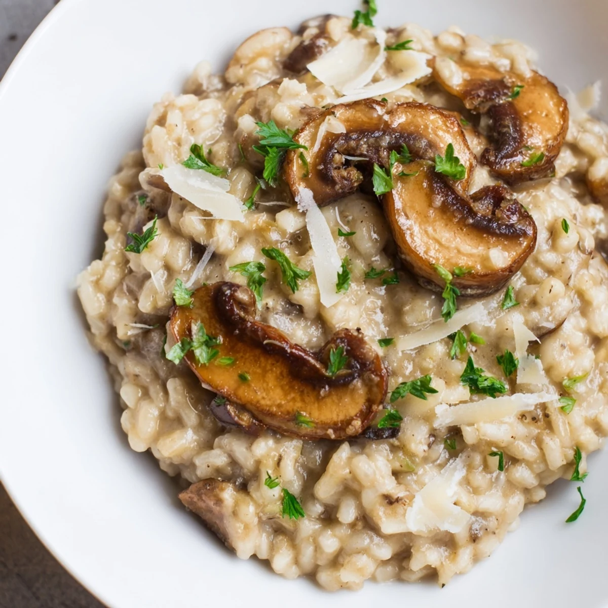 A bowl of delicious Italian Mushroom Risotto, perfect as a vegetarian main course, garnished with Parmesan.