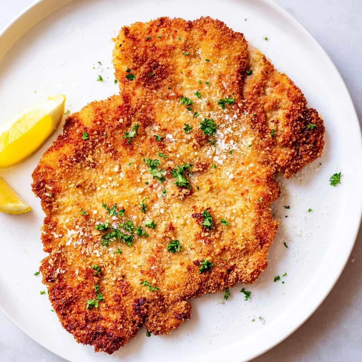Golden-brown Austrian Wiener Schnitzel, perfectly fried and ready to be served with lemon wedges.