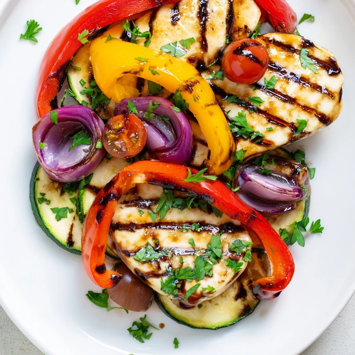 A close-up of juicy halloumi cheese steaks layered with charred vegetables and halved cherry tomatoes, drizzled with olive oil.
