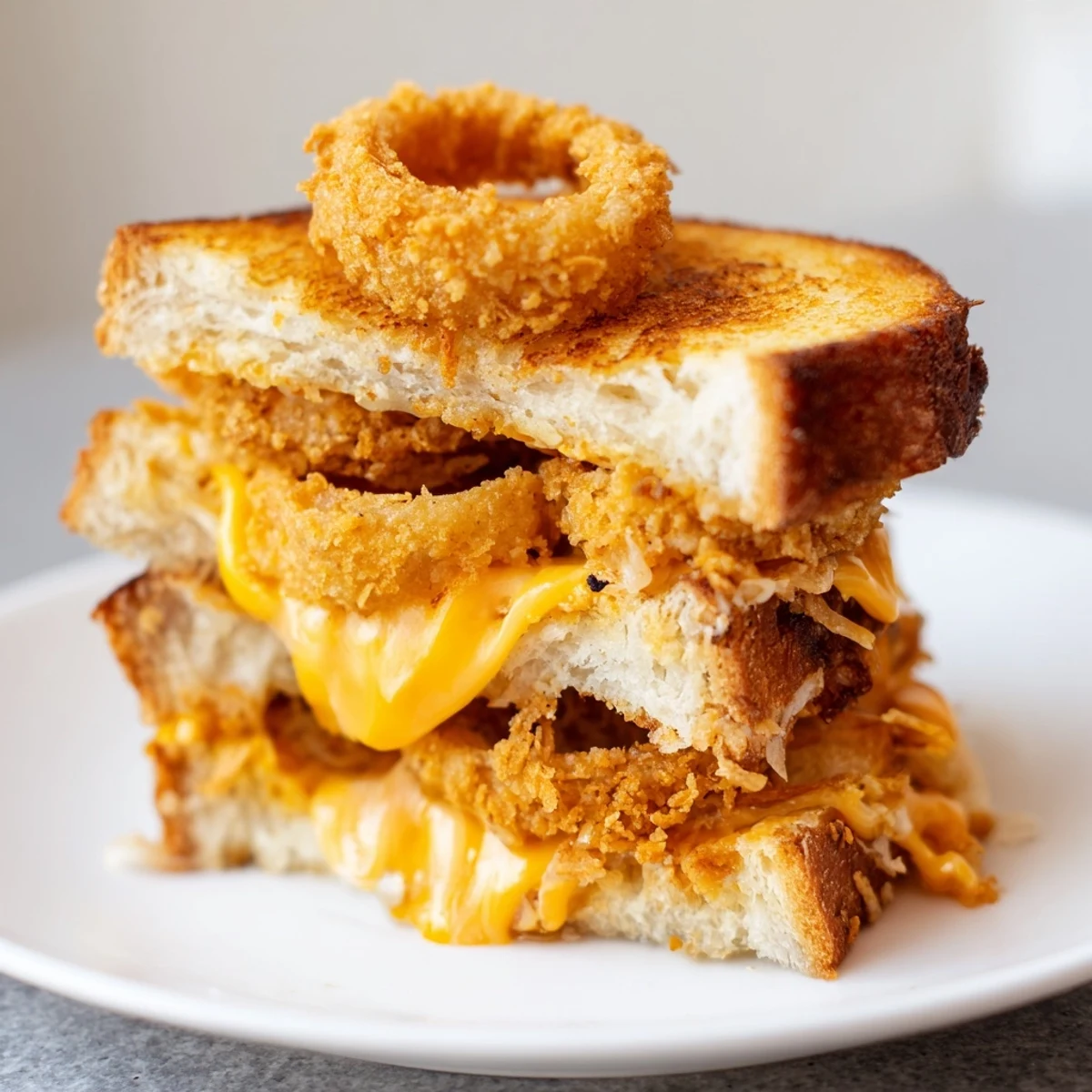 This hearty Crispy Onion Grilled Cheese is served hot alongside a creamy bowl of tomato soup, perfect for a comforting American lunch.