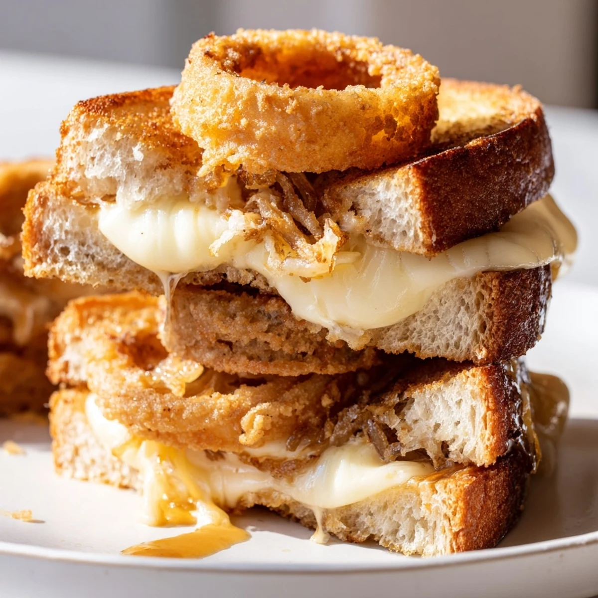 Sliced in half to showcase the gooey cheese pull and crispy fried onion filling, this homemade Crispy Onion Grilled Cheese looks irresistibly crunchy and delicious.