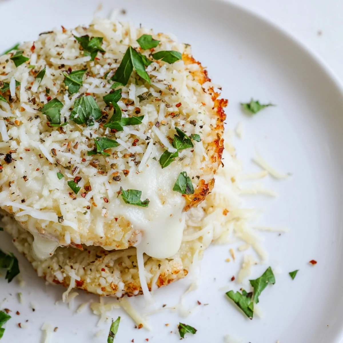 Baked Crispy Rice Cake Cheese Stacks stacked high, golden cheese pulling apart beside fresh parsley garnish for a savory snack.