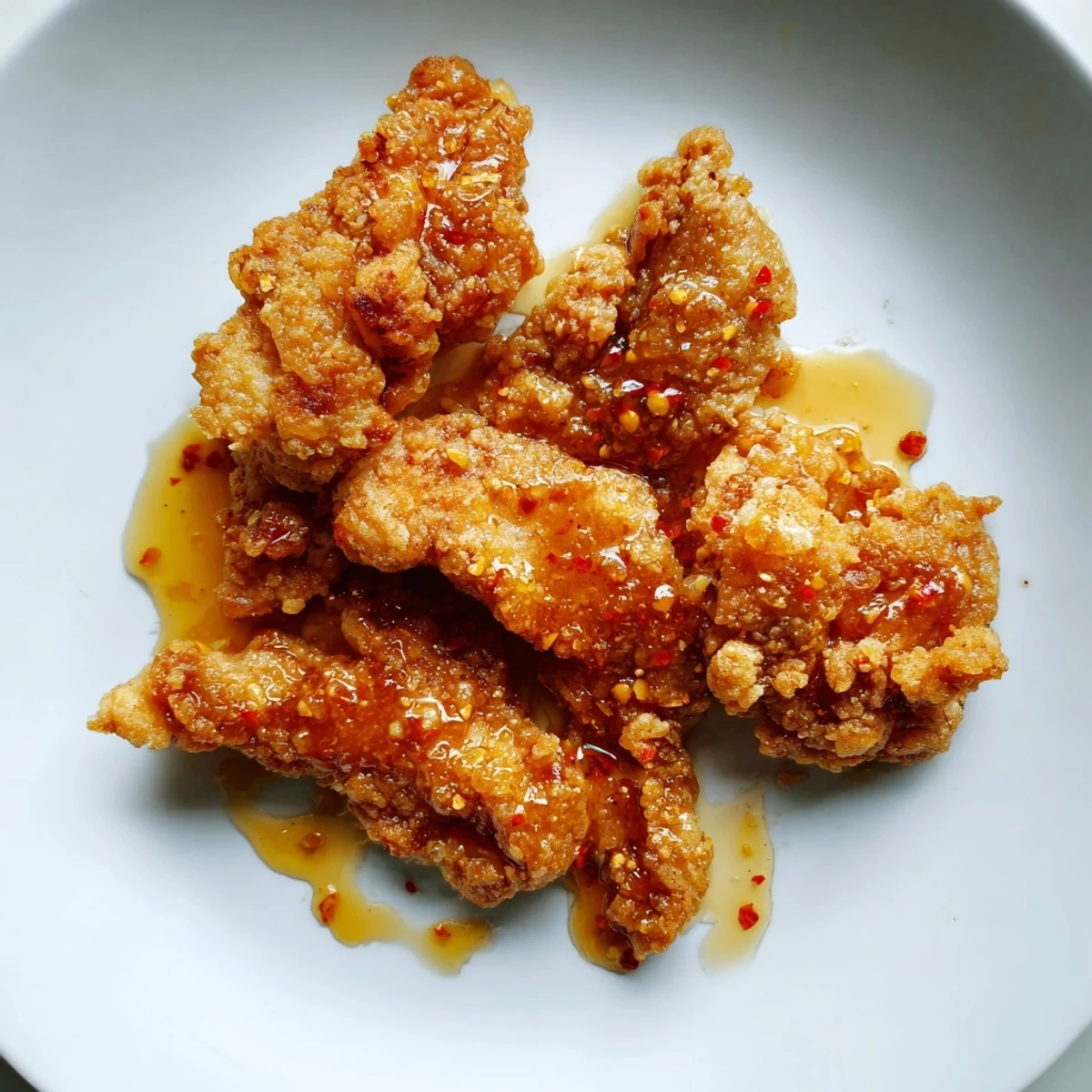 Golden crispy chicken thighs coated in a luscious hot honey butter sauce, served over fluffy white rice with a drizzle of sweet heat.