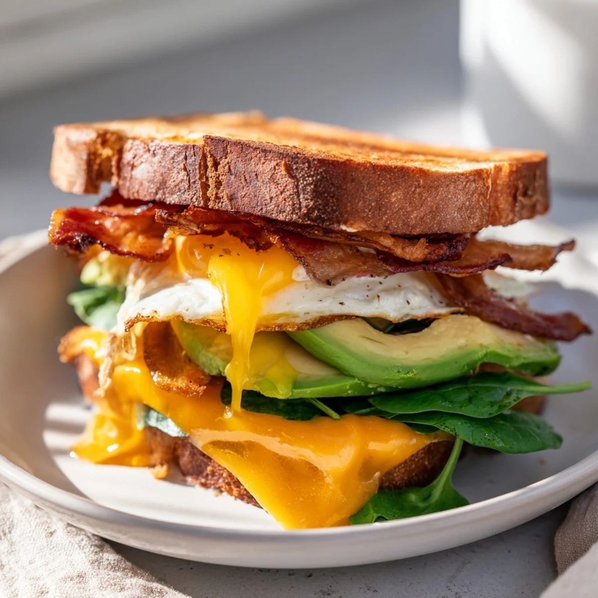 Close-up of the Loaded Breakfast Sandwich with melted cheddar, crispy bacon, sliced avocado, and a sunny-side-up egg on golden toasted sourdough.  
