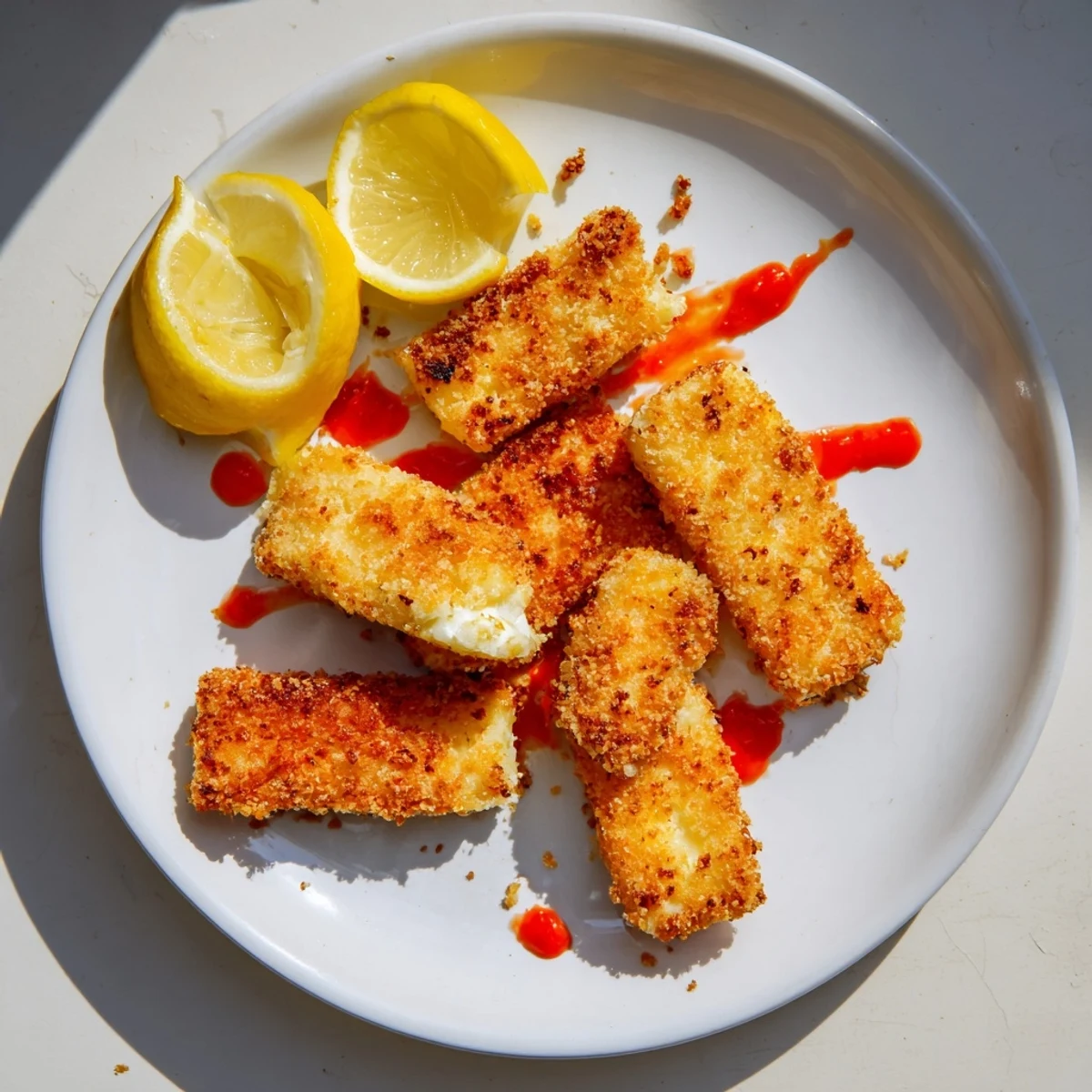Golden, crispy panko-coated halloumi cheese batons are fried until perfectly browned, garnished with fresh lemon wedges and a bottle of spicy hot sauce for dipping.