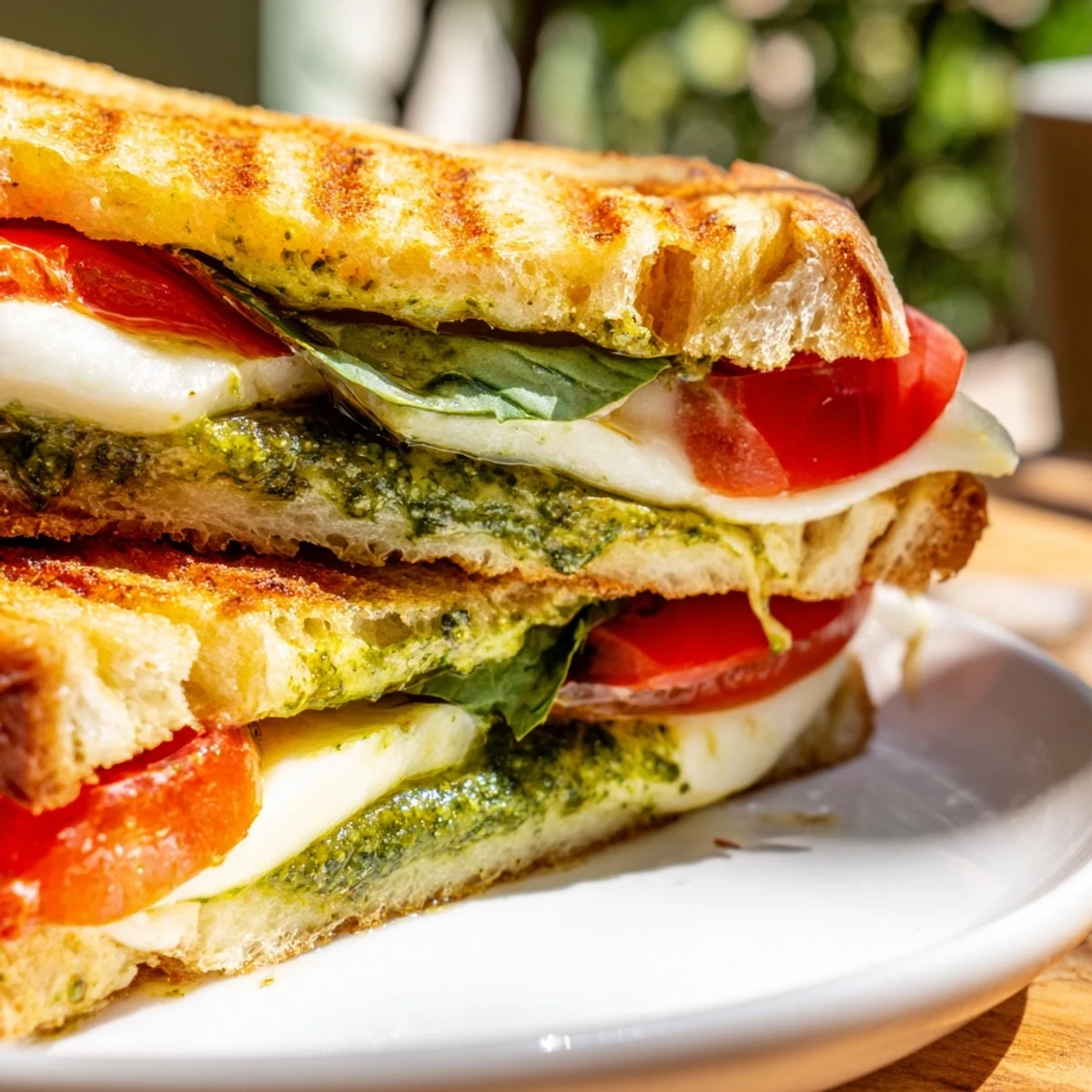 Golden panini press sandwiches with melted mozzarella, fresh tomatoes, and basil on toasted ciabatta bread.  