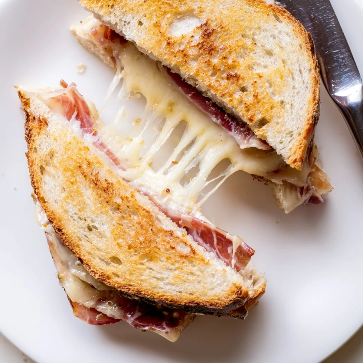 Golden-brown Crispy Prosciutto & Fig Panini slices revealing melted fontina and fig jam inside.