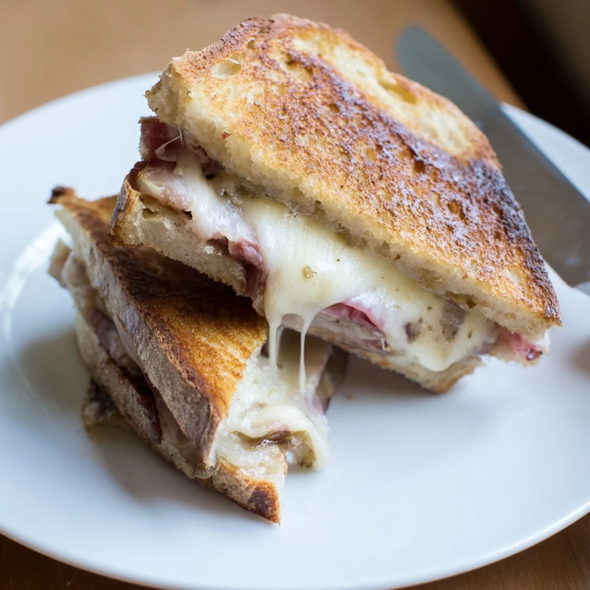 Close-up of a pressed Crispy Prosciutto & Fig Panini with crispy crust and melty cheese.