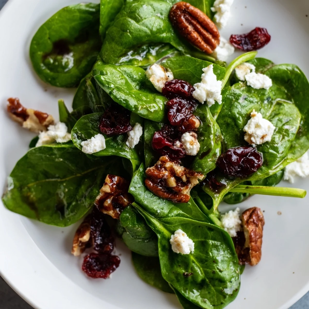 A vibrant Spinach Goat Cheese Salad with crumbled cheese, sweet cranberries, and crunchy candied pecans tossed in tangy balsamic vinaigrette.
