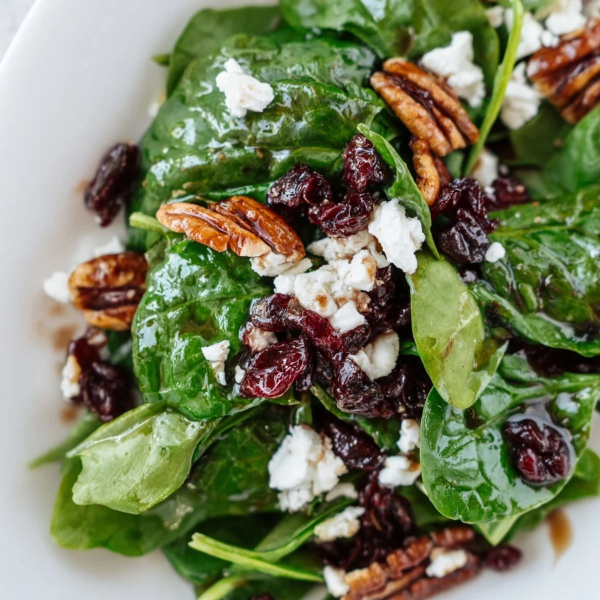 Fresh spinach leaves topped with creamy goat cheese, dried cranberries, and candied pecans, drizzled with homemade balsamic vinaigrette for a light lunch.