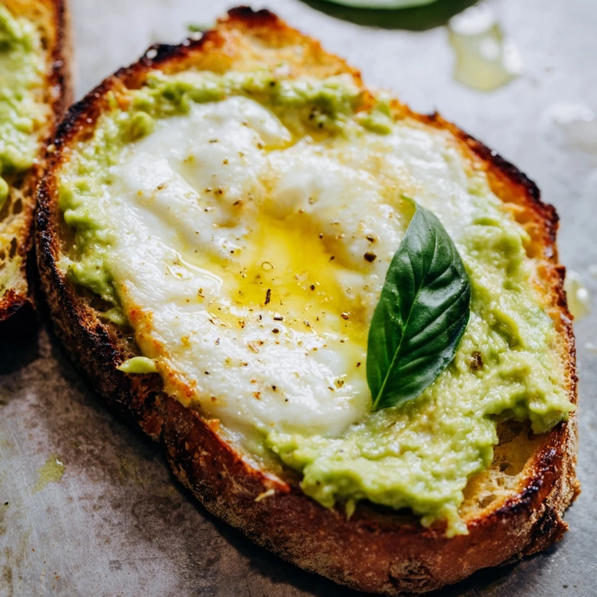 Rustic country bread holds a hearty layer of smashed avocado and gooey mozzarella, ideal for a quick vegetarian lunch.