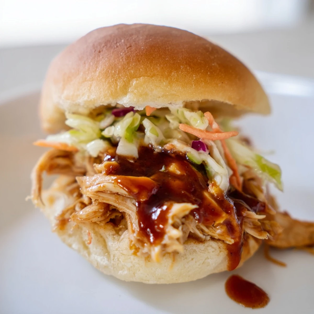 Flavorful BBQ chicken sliders with vibrant slaw on buttery buns, ideal for a quick and satisfying family meal.