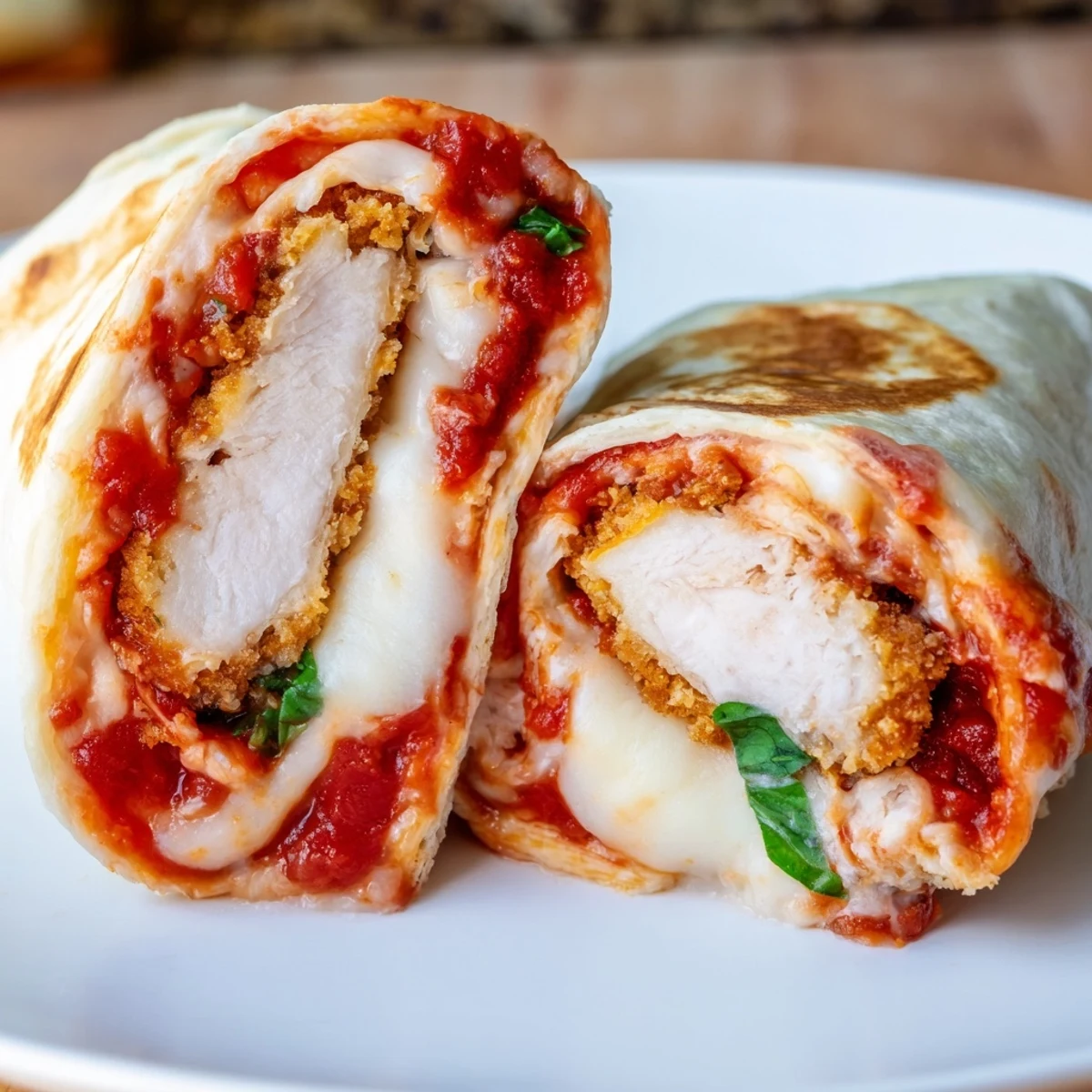 Golden crispy chicken cutlet nestled in a soft flour tortilla with melted mozzarella and rich marinara sauce.
