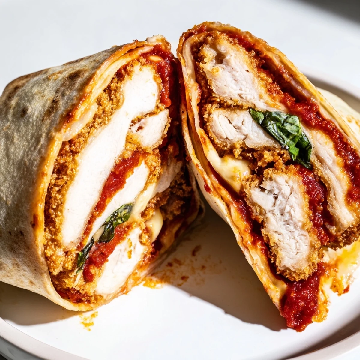 Handheld Italian-American dinner featuring a golden-brown chicken cutlet, gooey cheese, and fresh basil inside a warm tortilla.