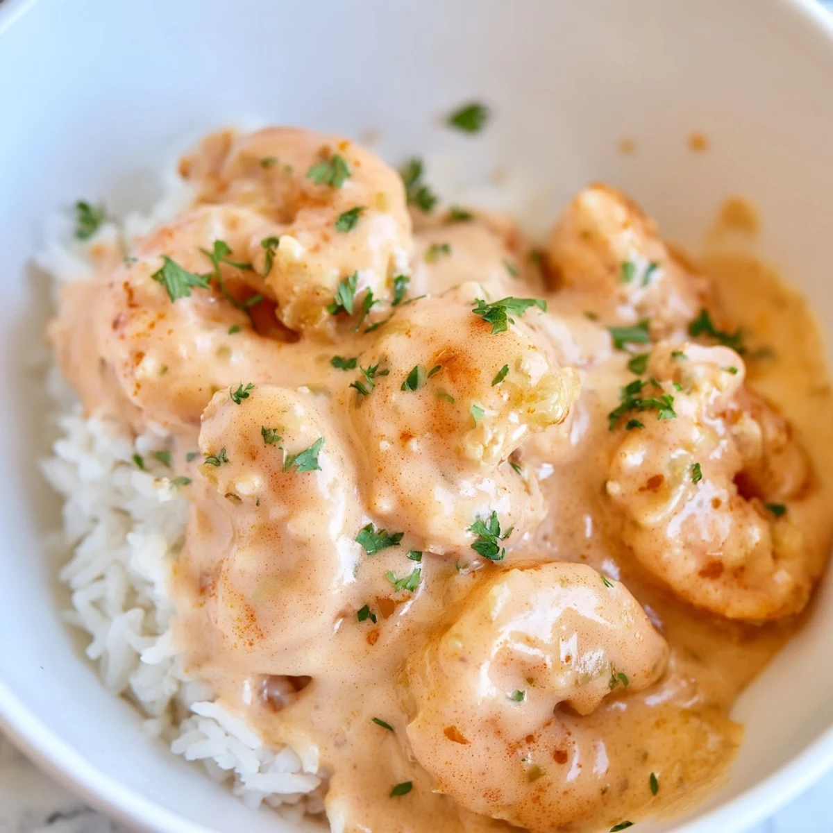 Steamed jasmine rice supports a saucy bowl of creamy Cajun shrimp, garnished with fresh parsley and a lemon wedge.