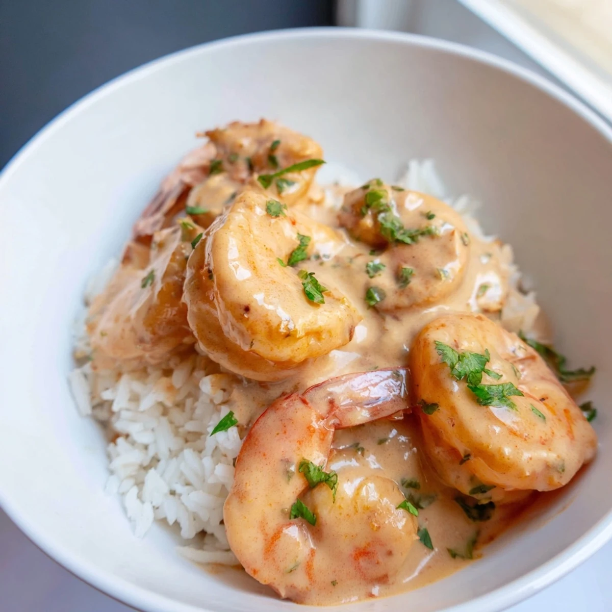 Sizzling shrimp and red bell peppers in a rich Cajun cream sauce served over a bed of fragrant rice.