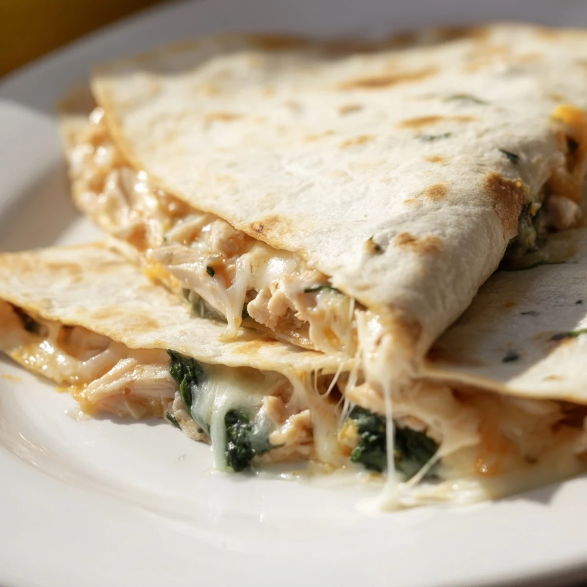 Golden, crispy Chicken and Spinach Quesadilla wedges stuffed with melty mozzarella and savory chicken, served with a side of salsa.