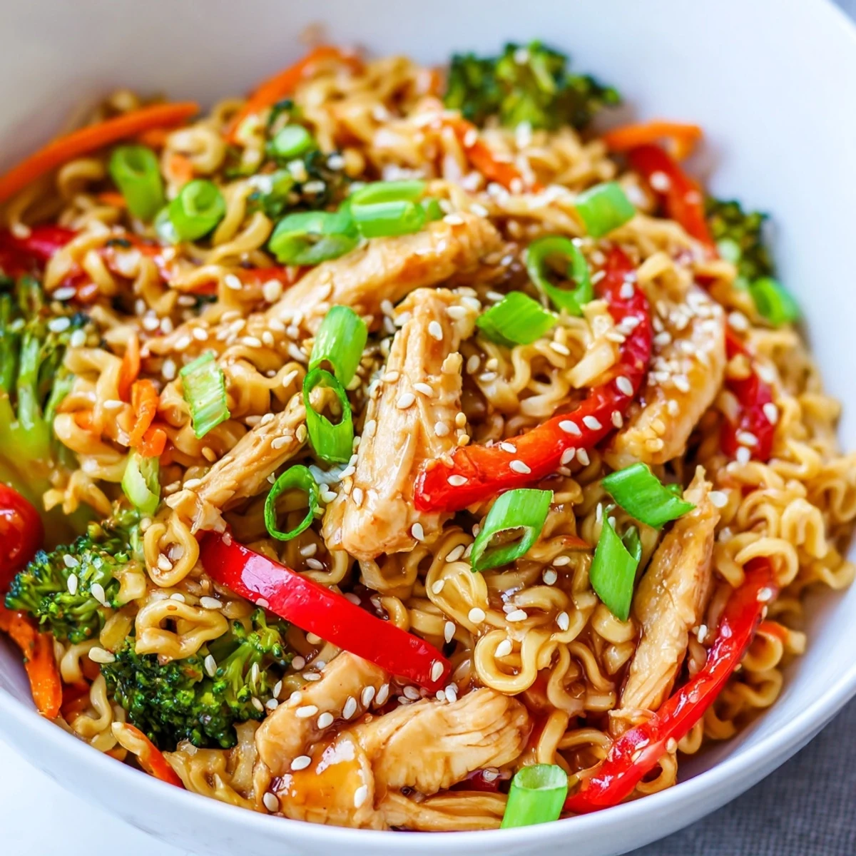 A top-down view of Spicy Ramen Stir-Fry featuring tender chicken, crisp broccoli, and red bell peppers glistening in a savory, glossy sauce.