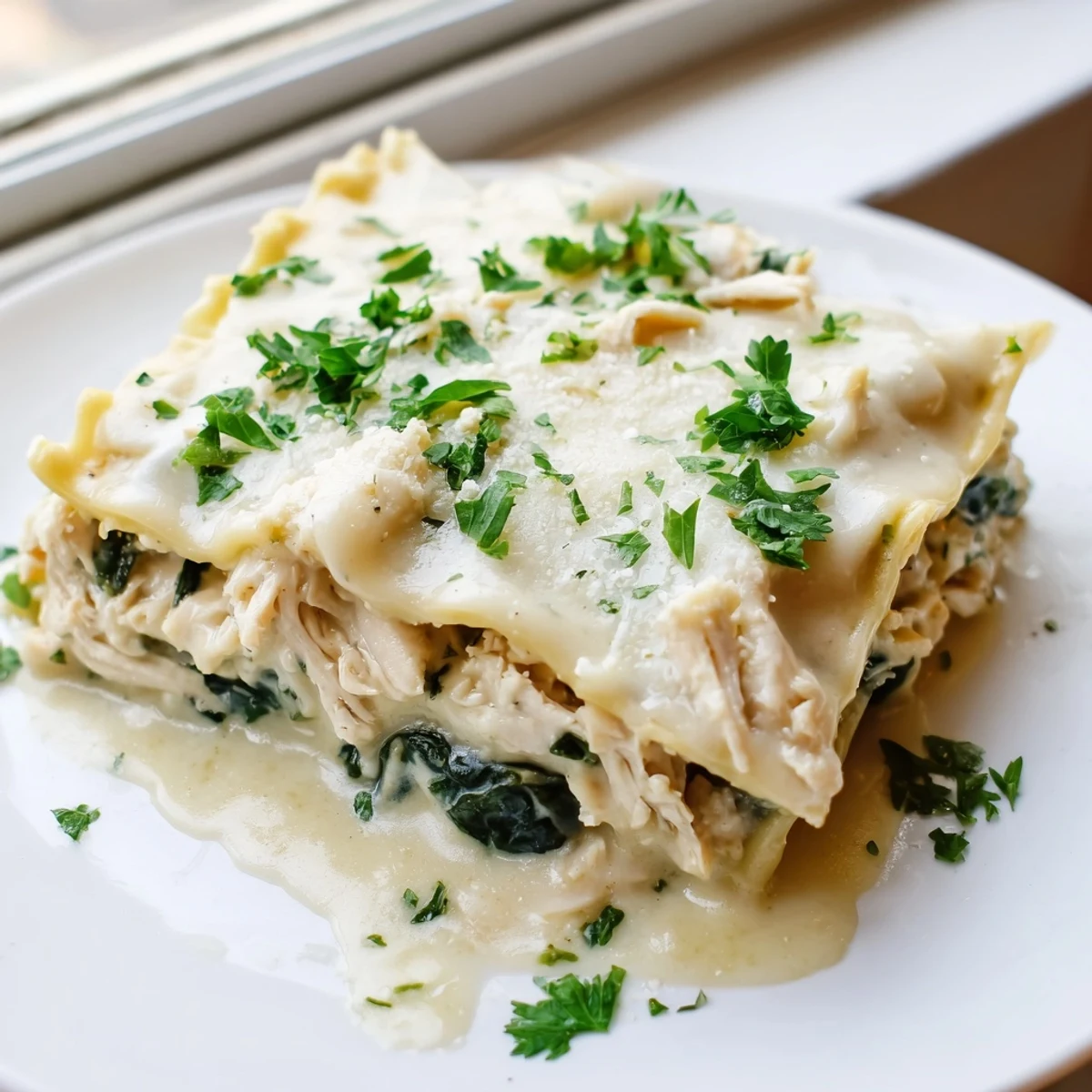 Freshly baked Chicken Alfredo Lasagna with melted mozzarella and golden, bubbly cheese topping served hot.