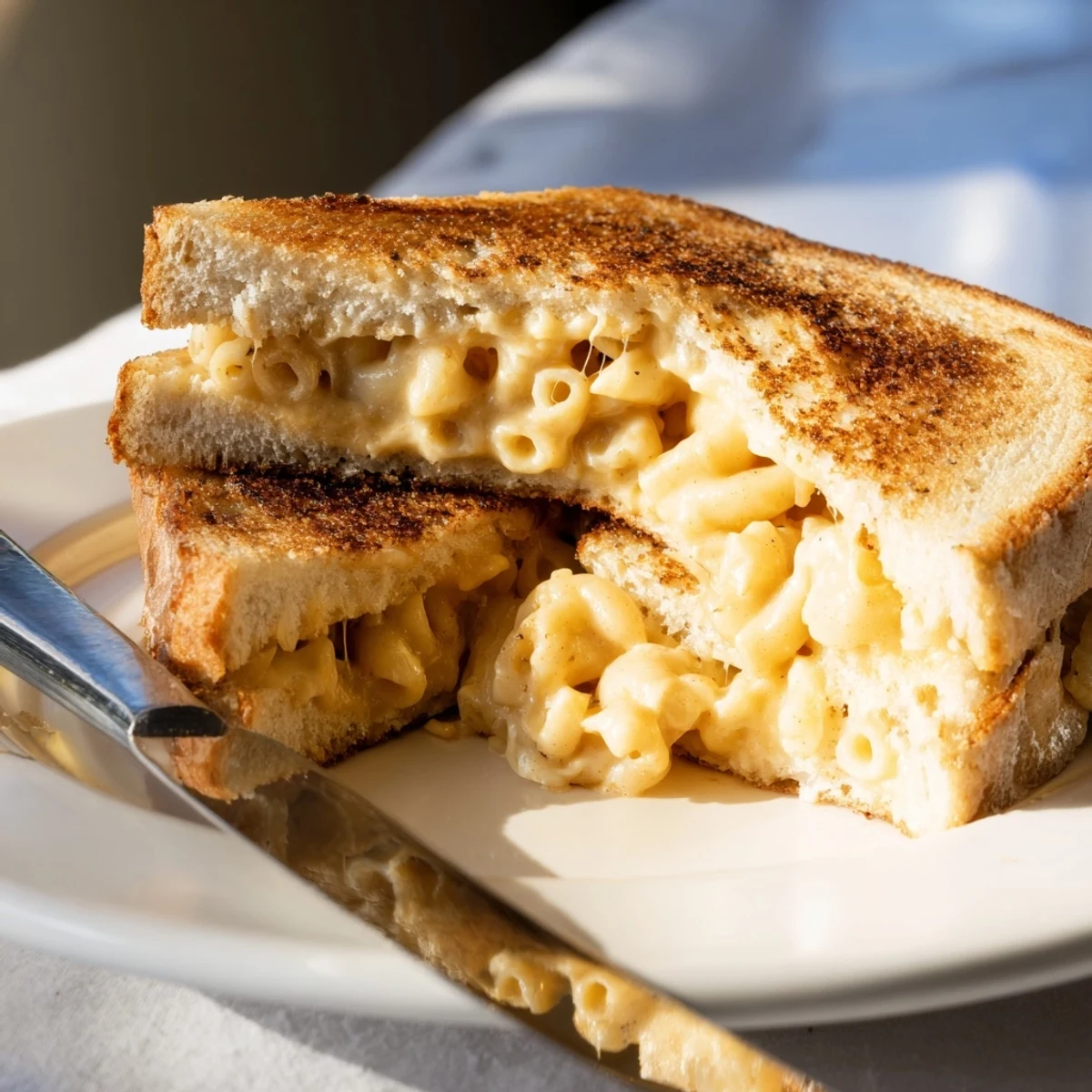 Golden toasted sourdough slices frame a generous filling of creamy macaroni and cheese, showcasing the indulgent Mac & Cheese Grilled Cheese sandwich.