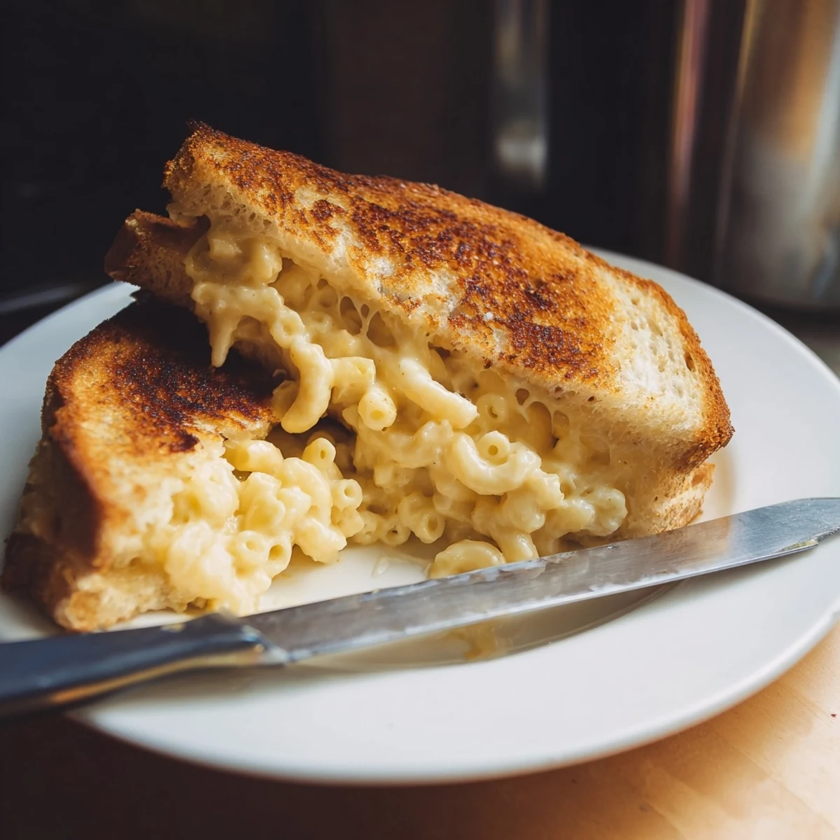 A close-up reveals the gooey, melted cheddar interior of a Mac & Cheese Grilled Cheese, served on a rustic plate ready to be enjoyed.